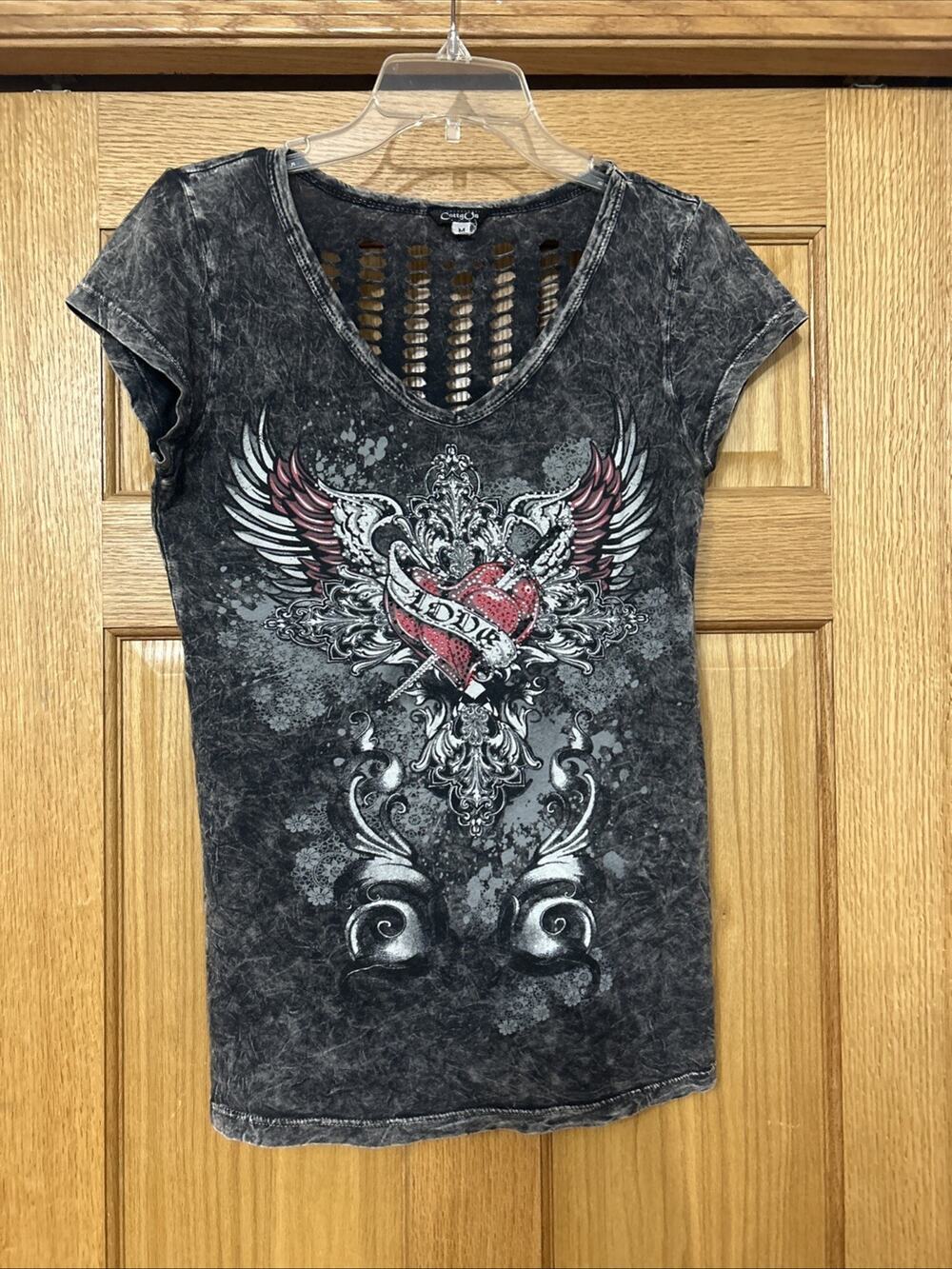 VTG Cotty On Black T-shirt Women Med Gem Bedazzled Y2K Graphic Laser Cut Heart